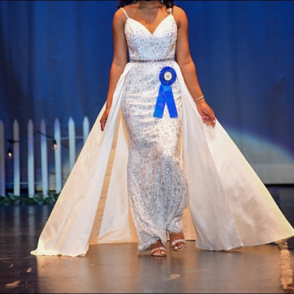 Johnathan Kayne White Lace Sequin Gown with Overskirt - Picture 3 of 5